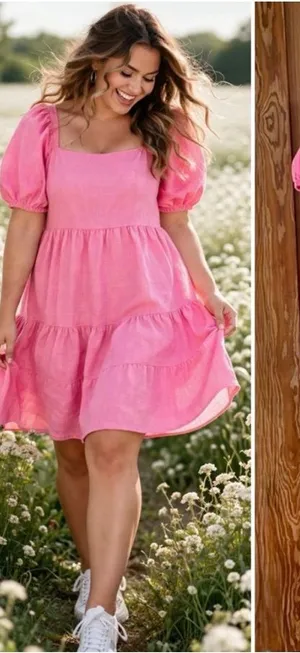 Luukse Bright Pink Tiered Babydoll Dress Puff Sleeve Cottagecore XL💛 thumbnail 1