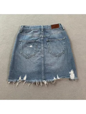 Hollister Ultra High Rise Distressed Denim Mini Skirt Y2K Blue Jean Raw Hem 1 25 thumbnail 2