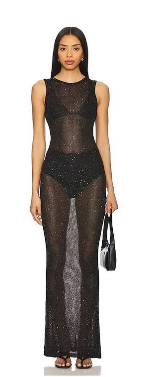 Superdown Alix Black Sequin Sheer Knit Maxi Dress Sleeveless Cover Up XS New thumbnail 1