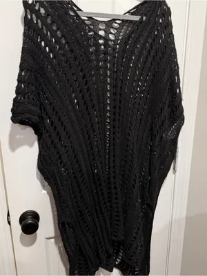 Black Open Knit Crochet Swim Cover Up One Size Boho Beach Tunic Poncho thumbnail 1
