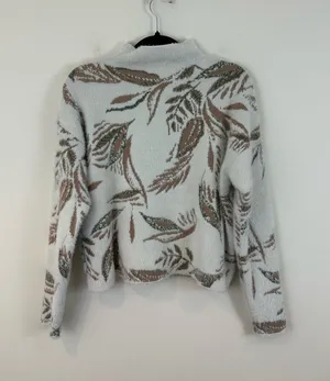 Tahari Cozy Leaf-Print Mock Neck Sweater Eyelash Knit Size Medium Women's thumbnail 1