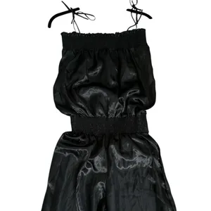 Vintage Black Satin Jumpsuit Smocked Waist Palazzo Leg Minimalist Cocktail Party thumbnail 3