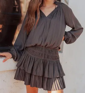 Mustard Seed Charcoal Gray Pleated Tiered Mini Dress thumbnail 2