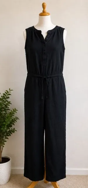 LOFT Black Sleeveless Jumpsuit Wide Leg Drawstring Waist Size Large thumbnail 1