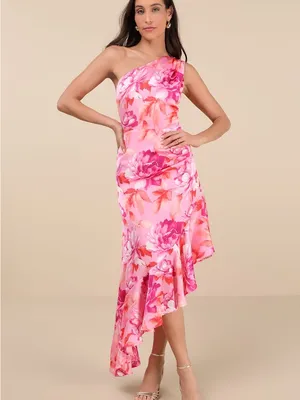 Lulus Divinely Blooming Pink Multi Floral One-Shoulder Midi Dress Size Large NWT thumbnail 2