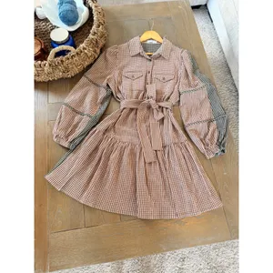 Pearl By Lela Rose Checked Seersucker Shirt Dress Womens Brown Size L thumbnail 4