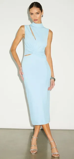 NWT Lulus Kamara Light Blue Mesh Cutout Knotted Midi Dress Party Holiday Size M thumbnail 1