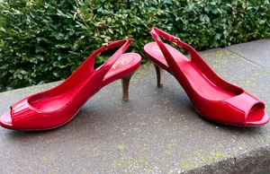 Cole Haan Patent Leather red peep toe kitten heels thumbnail 3
