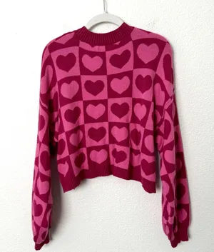 [Sincerely Jules] Pink Geometric Heart Print V-Neck Oversized Sweater Sz Medium thumbnail 2