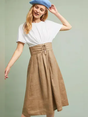 Eri + Ali Grace Corset Midi Dress Small Anthropologie Linen Cotton Lace Up Waist thumbnail 2