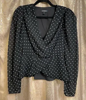 Express Black White Sheer Sleeve Polka‎ Dot Surplice Top Puff Sleeve S thumbnail 1
