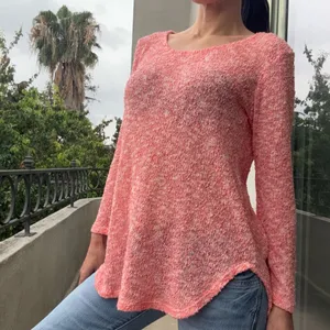 Soft Coral Pink Bouclé Open Knit Sweater Top Romantic Beachy Lightweight Long Sleeve thumbnail 2