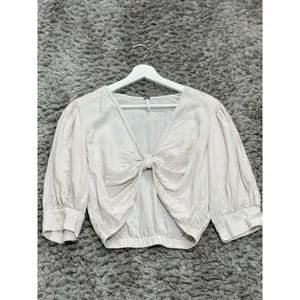 YFB Young Fabulous Broke Women Miranda Linen Blend Knot Crop Top Oatmeal Beige M thumbnail 6