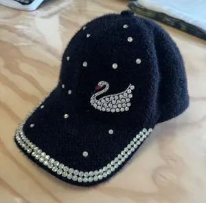 Boutique Black Fuzzy Rhinestone Swan Baseball Cap Adjustable Crystal Bling Hat thumbnail 1