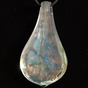 Opaque Gold& Blue Flower Glass Pendant Rubber Cord Necklace With Extend New thumbnail 3