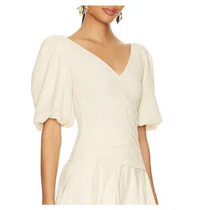 Free People Cupcake Ruched Textured Jersey Puff Sleeve V-Neck Blouse Ivory XS thumbnail 2