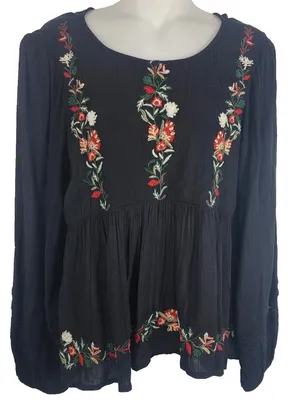 American Eagle Boho Embroidered Black Peasant Blouse Festival Feminine S thumbnail 1