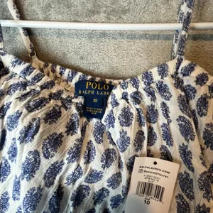 Polo Ralph Lauren Blue White Ruffle‎ Shoulder Strap Pom Pom Dress 10 New thumbnail 6