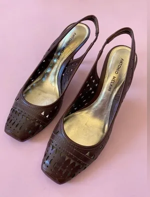 Antonio Melani Brown Leather Laser Cut Square Toe Sling Kitten Heels thumbnail 1