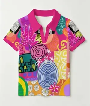 Women’s Colorful Abstract Print Short Sleeve Collared Top thumbnail 1