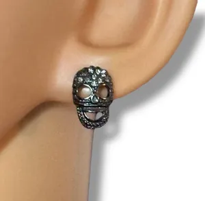 Silver tone pave skull post earrings thumbnail 2
