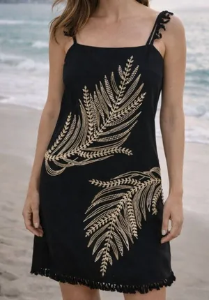 Anthropologie The Sariah Fringe Mini Dress Black Gold Embellished Sequin Tank XS thumbnail 1