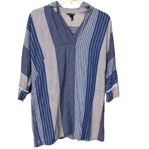 NIC+ZOE Linen Blend Striped Tunic Top Mini Dress Large Blue White Pom Trim thumbnail 8