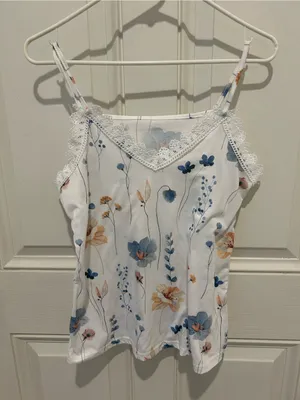 Floral Lace-Trim Camisole Top - White with Blue & Tan Flowers thumbnail 4