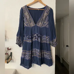 Free People My Love Mini Navy Paisley V-Neck Long Sleeve Tiered Dress Medium thumbnail 5