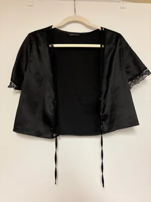 SHEIN Black Open Front Tie Crop Top M thumbnail 5