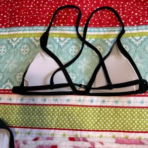 Black Ribbed Triangle Bikini Top Thong Swimsuit Set Size S thumbnail 3