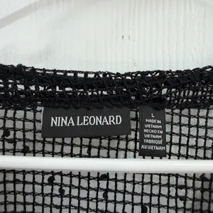 Nina Leonard black loose crocheted net drapey button‎ cropped sleeve cardigan L thumbnail 3