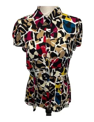 Y2K babydoll cap sleeve silk geometric blouse button front banded waist DVF thumbnail 1
