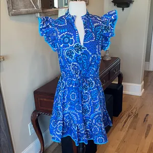 Avara Sloane Bright Blue Dress Flutter Sleeve Drawstring Cinched Waist Mini New thumbnail 2