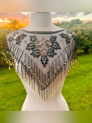 Fina Moda Vintage Beaded Black Mesh Caplet Collar Scarf with Fringe & Sequins thumbnail 2