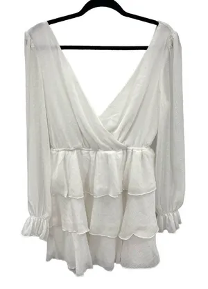 Tiered Ruffle White Mini‎ Dress Womens Large V Neck Romantic Feminine Tie Back thumbnail 1