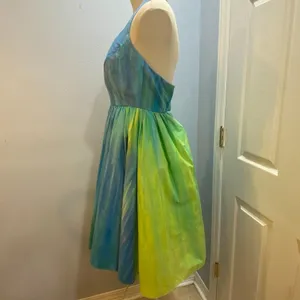Vintage‎ Handmade Halter Dress Blue Green Watercolor Fit and Flare Fairy Dress 4 thumbnail 4