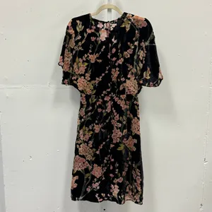 Lucy Paris‎ Black Floral Velvet Burnout Faux Wrap Midi Dress Pink Flowers Small thumbnail 2