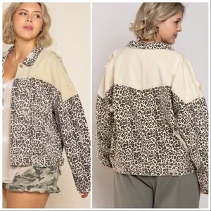 POL Leopard Print Distressed Denim‎ Jacket Tan Colorblock Oversized S Western thumbnail 3
