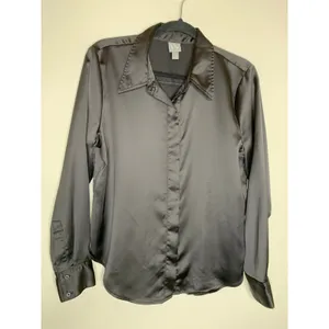 Worthington Black Satin Button Up Blouse Sz Large Whimsygoth Goth thumbnail 5
