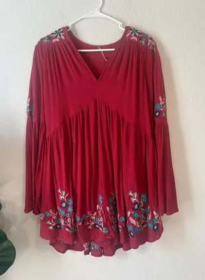 Free People Te Amo Embroidered Boho Mini Dress Red Ruby XS thumbnail 1