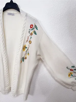 Miss Sparkling Ivory Floral Embroidered Open Front Cardigan Cable Knit Sweater thumbnail 4