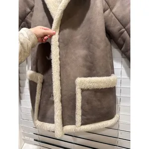 Abercrombie & Fitch Faux Suede Shearling Coat Womens XS Brown Cream Lined Jacket thumbnail 4