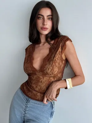 Shein Brown Lace V-Neck Sheer Tank Top thumbnail 2