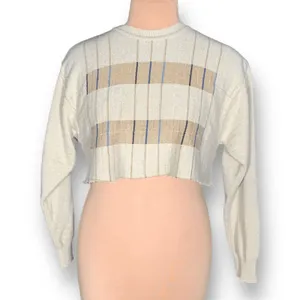 Vintage Sweater Tan Knit Striped Custom Cropped Crew Neck Indie Lightweight thumbnail 2