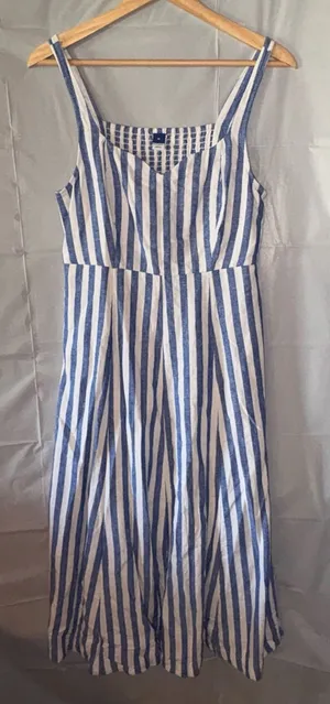 Old Navy Striped Maxi Dress‎ Med Blue White Linen Cottagecore Picnic Dorothy thumbnail 1