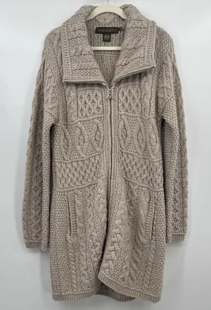 inis crafts merino 100% wool Sweater L Tan Long Full Zip Cable Knit Ireland Boho thumbnail 1
