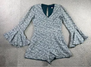 Blue Rain Shorts Romper Women M Teal Floral Bell Sleeve Crochet Boho Cottage‎ thumbnail 1