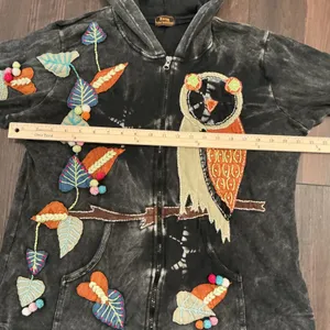 Rising International Hoodie L Grey Owl‎ Appliqué Acid Wash Boho Hippie Zip Up thumbnail 6