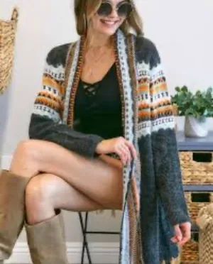 Adora oversized open front fair isle tasseled boho cardigan sweater S/M. thumbnail 1